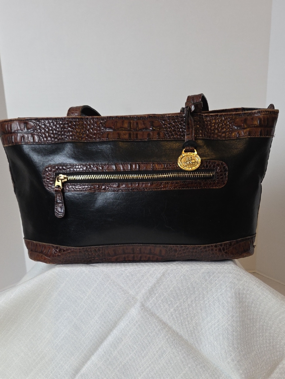 Brahmin Black and Brown Croc-Trim Leather Shoulder Bag